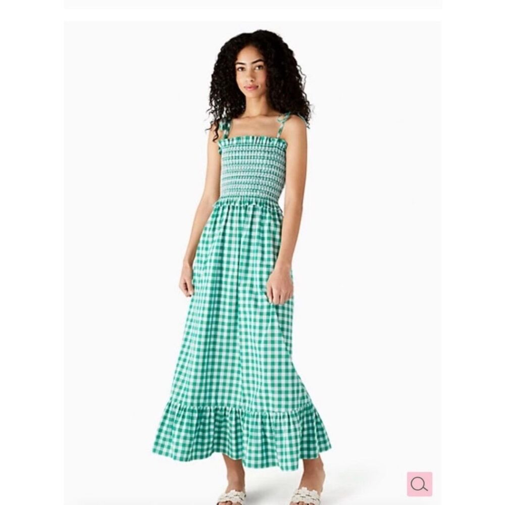 0008kate spade Green Gingham Smocked Maxi Dress